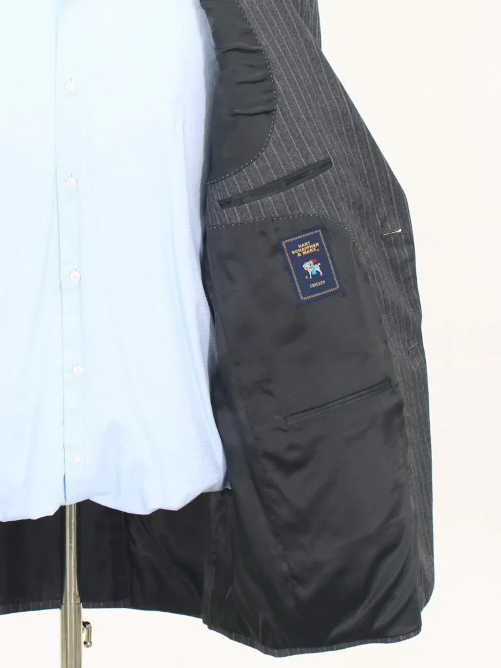 Hart Schaffner Marx Union Made 46R 40x29 Gray Full Suit 2-Button Stripe R949
